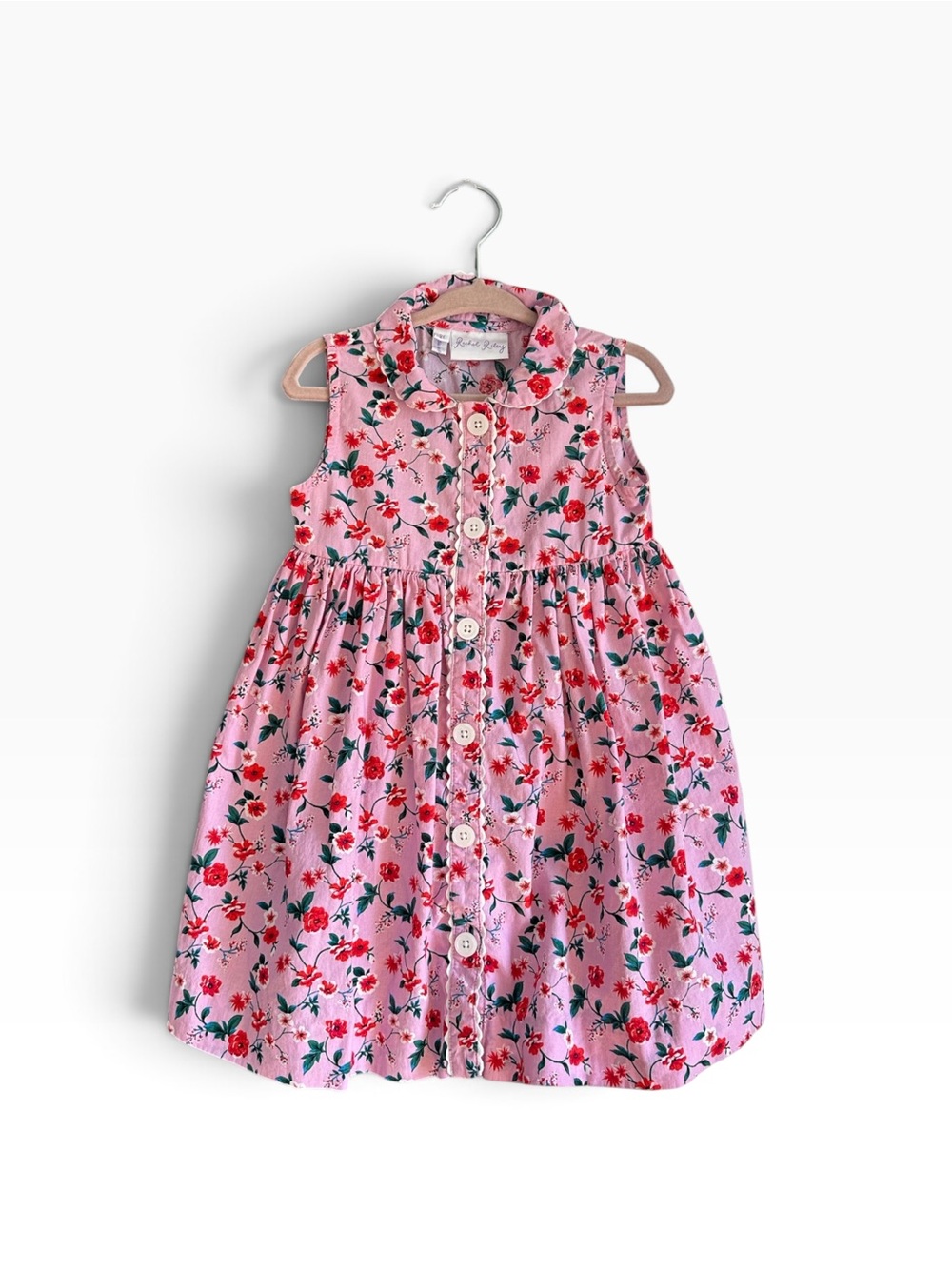 Rachel Riley Girls 2T Pink Floral Button Front Collared Dress, Pink